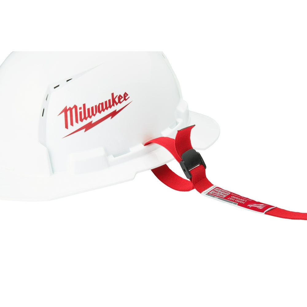 White hard hat with red and black lanyard attached to the side loop.