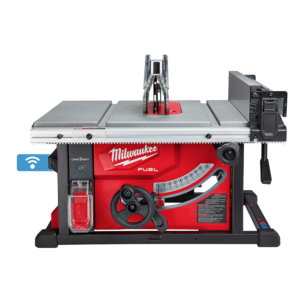 Milwaukee M18 FUEL red and black table saw with gray work surface, blade guard, and ONE-KEY connectivity symbol.