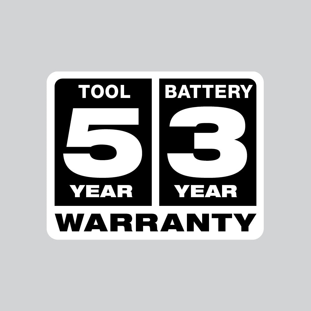 Milwaukee warranty badge showing 5-year tool and 3-year battery coverage.