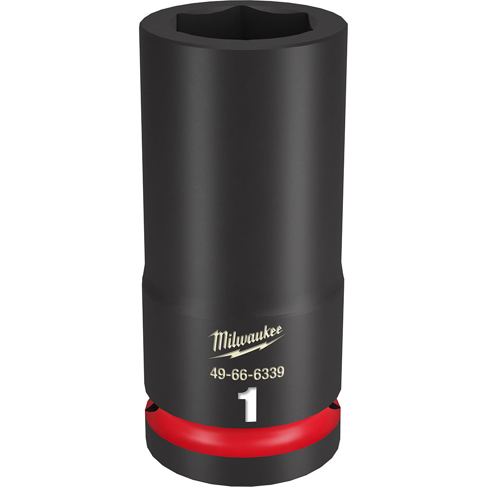 Black 3/4" drive deep socket with hexagonal opening, red grip band near base, Milwaukee branding and model number visible.