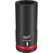 Black 3/4" drive deep socket with hexagonal opening, red grip band near base, Milwaukee branding and model number visible.