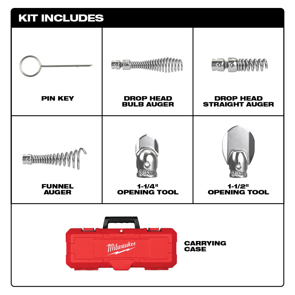 Head attachment kit containing pin key, drop head augers, funnel auger, opening tools, and red carrying case.