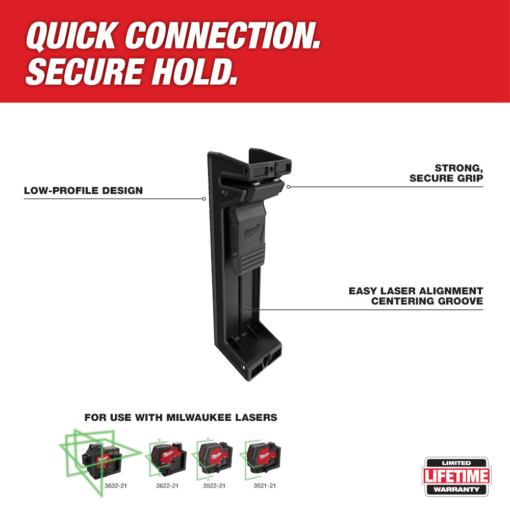Black plastic laser track clip with low-profile design, alignment groove, and top-mounted quick connection bracket for Milwau