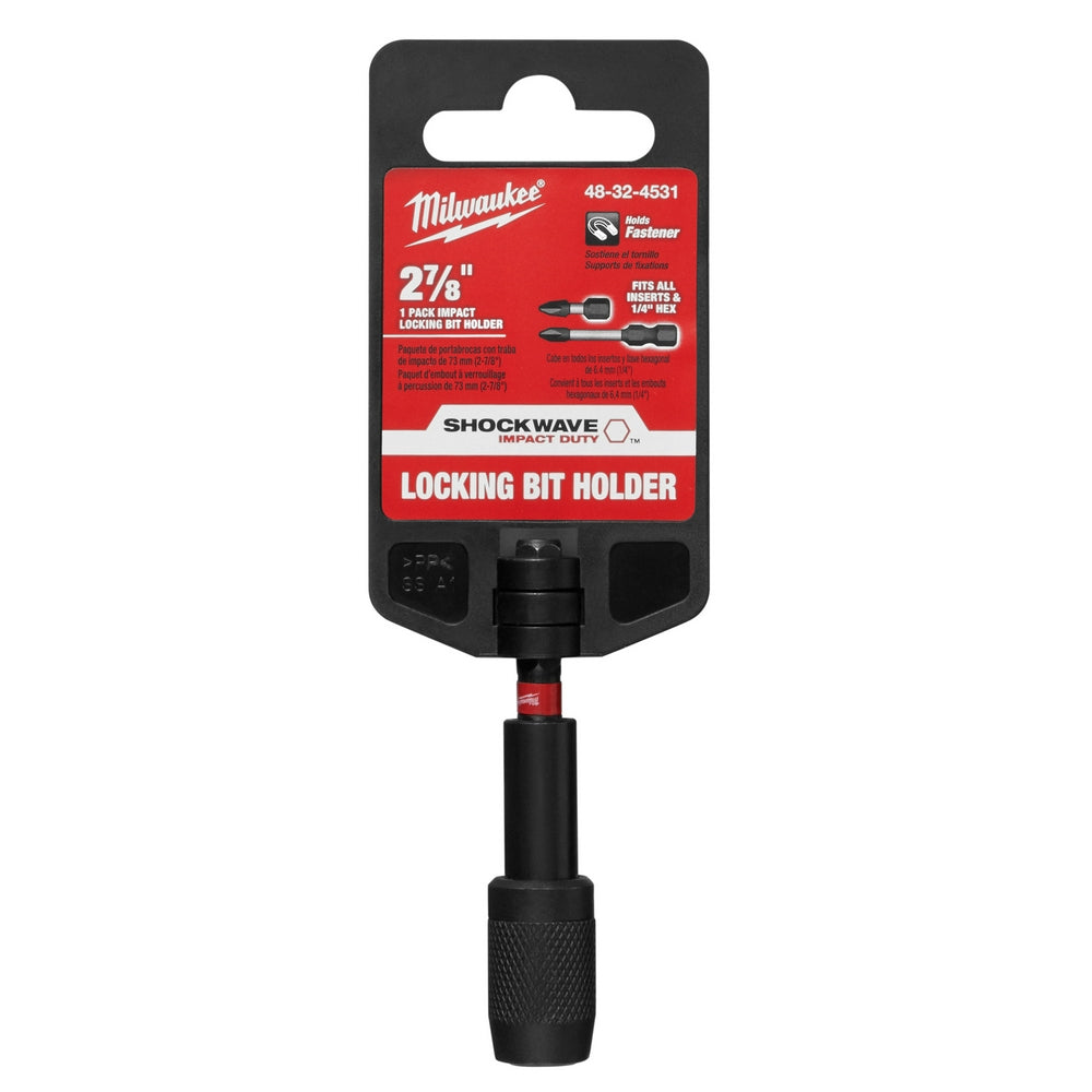 Milwaukee Shockwave 2-7/8 in. impact locking bit holder with black grip handle and red packaging label.