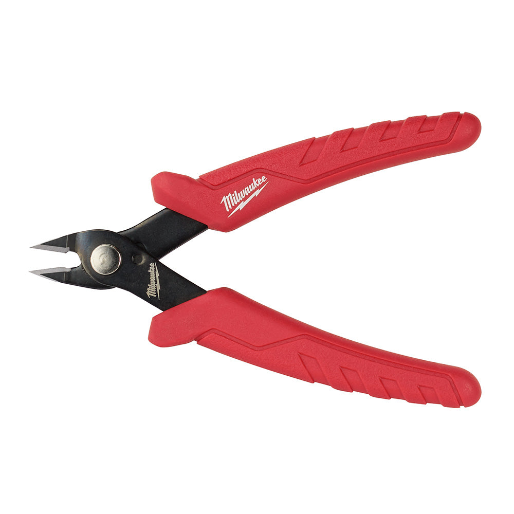 Milwaukee mini flush cutters with red handles and black cutting head with pivot point.