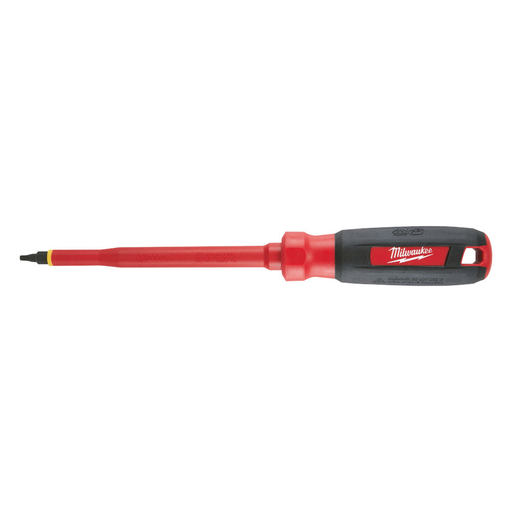 Red and black insulated screwdriver with square tip and Milwaukee branding on handle.