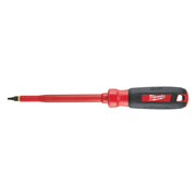 Red and black insulated screwdriver with square tip and Milwaukee branding on handle.