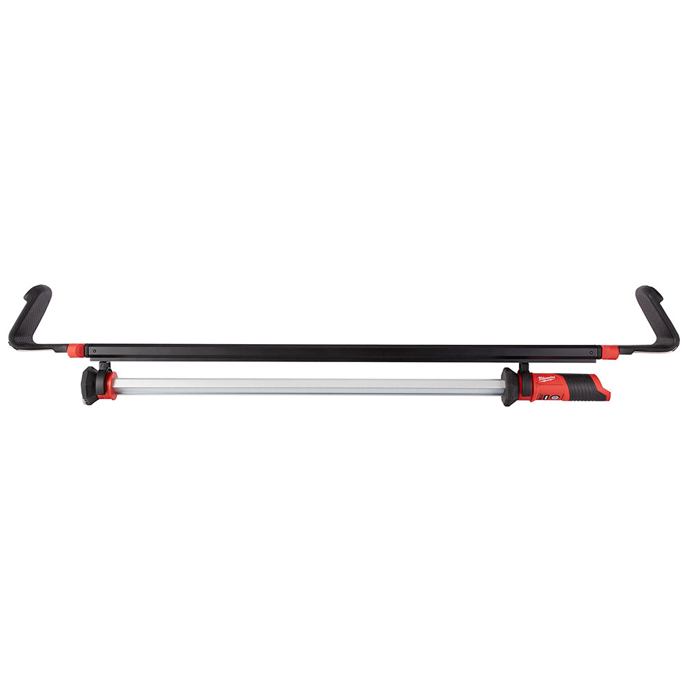 Black and red Milwaukee M12 LED underhood light with dual handles and aluminum bar mounted on adjustable base.
