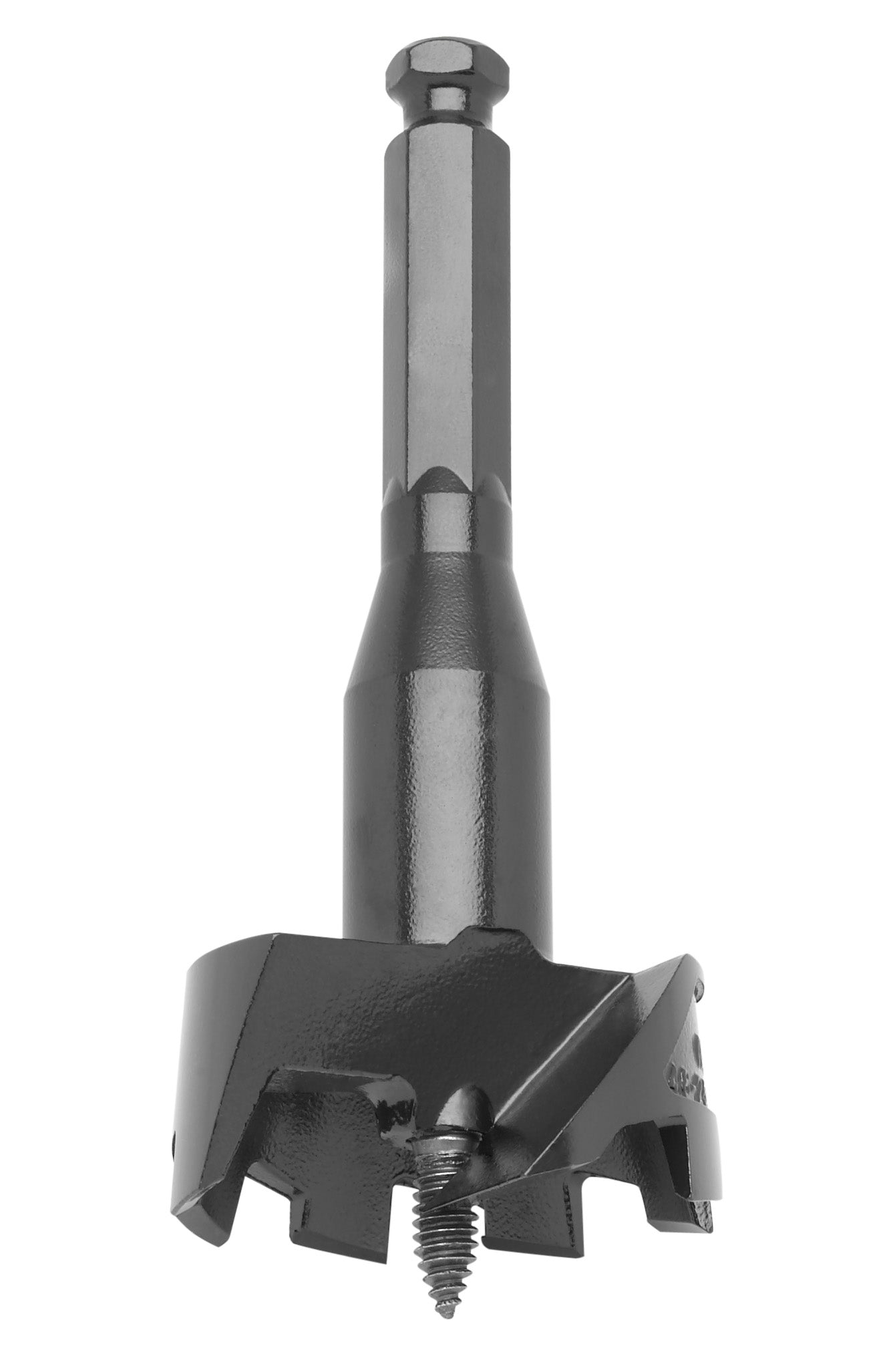 Two-inch self-feed wood drilling bit with hexagonal shank and screw point tip.