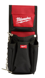 Red and black nylon utility pouch with multiple compartments, metal snap closures, and chain attachment.