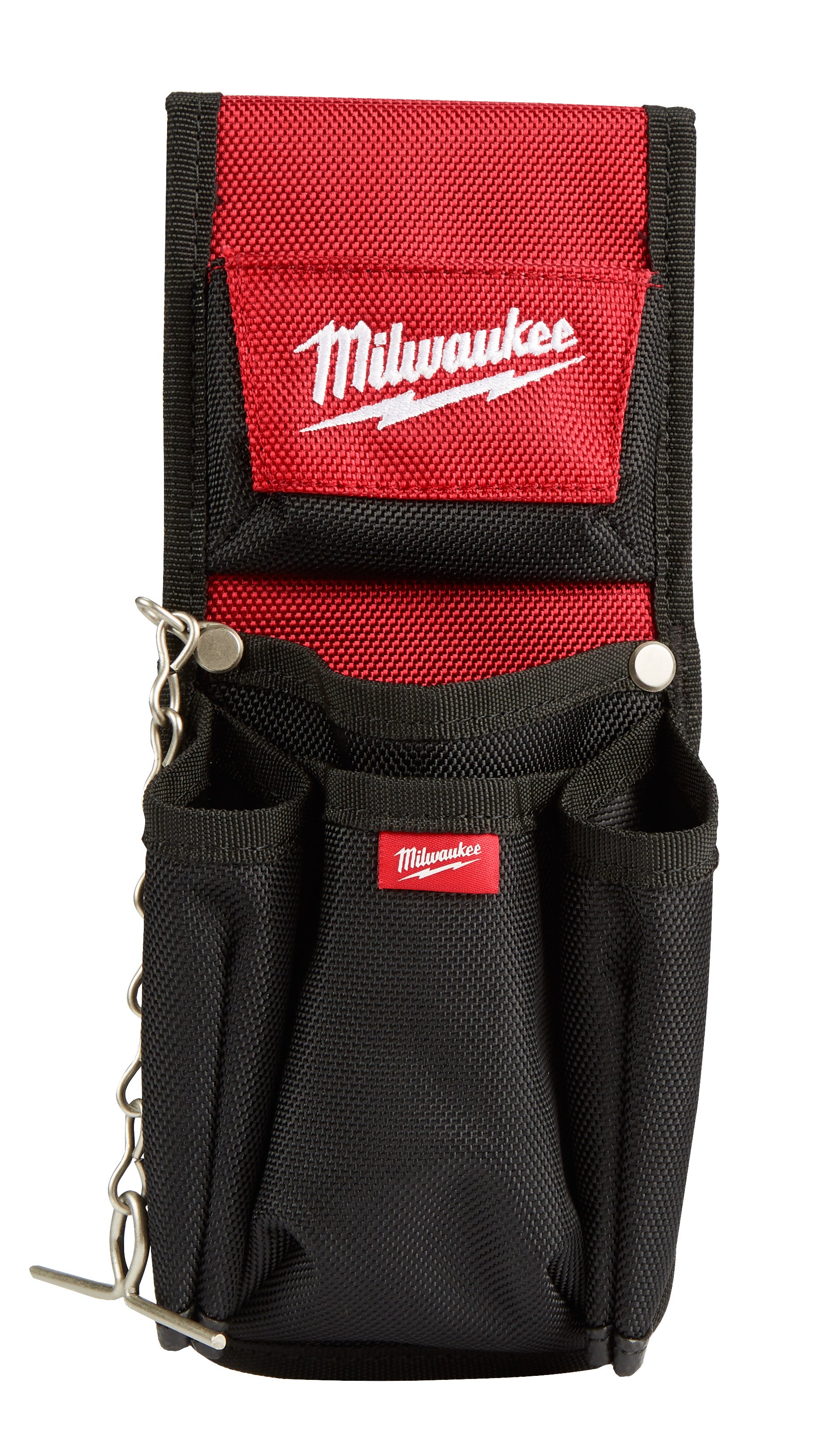Red and black nylon utility pouch with multiple compartments, metal snap closures, and chain attachment.
