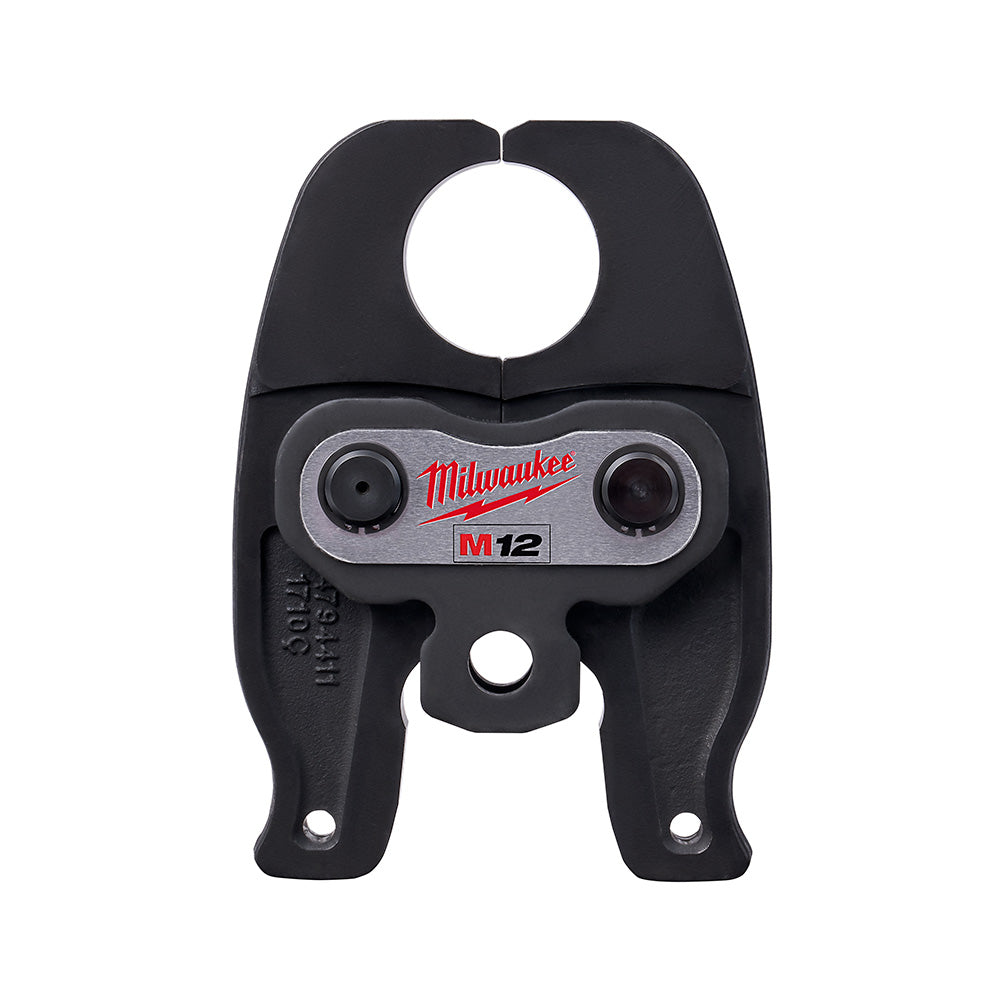 Black Milwaukee M12 PEX crimp jaw with two round pressing surfaces and mounting holes.