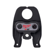 Black Milwaukee M12 PEX crimp jaw with two round pressing surfaces and mounting holes.