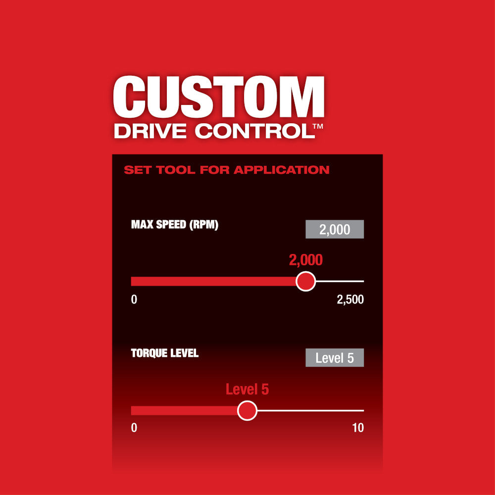 Milwaukee M18 FUEL impact wrench display showing Custom Drive Control settings with max speed at 2,000 RPM and torque level a