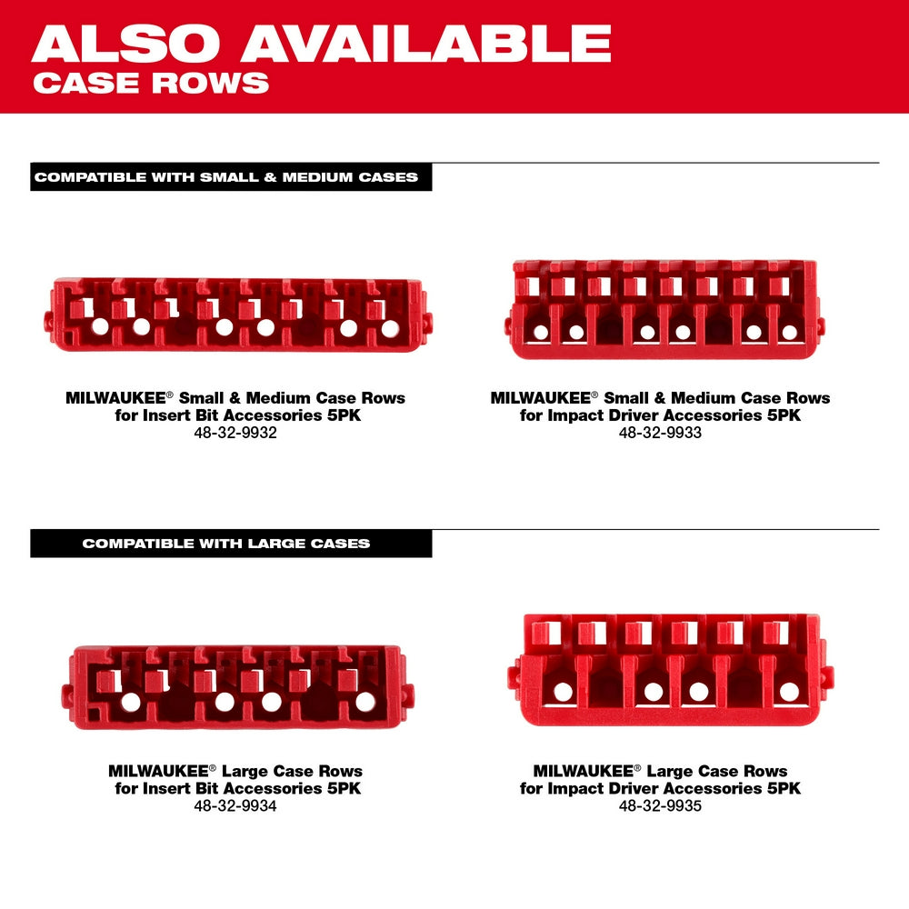 Five red Milwaukee plastic case rows with multiple compartments and white circular bases for organizing insert bit accessorie