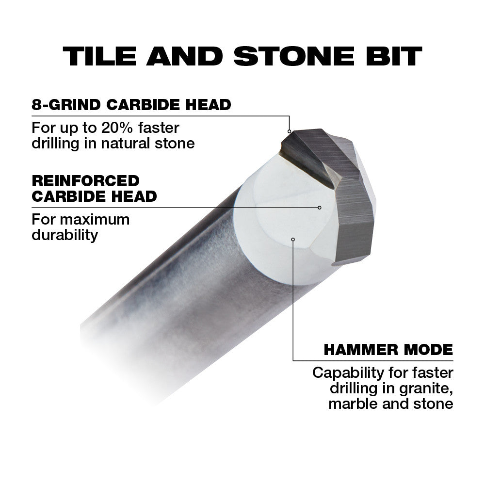 Half-inch tile and natural stone drill bit with 8-grind carbide head and reinforced carbide construction.