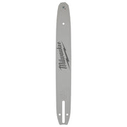 Gray Milwaukee chainsaw guide bar with logo and mounting holes on tapered ends.