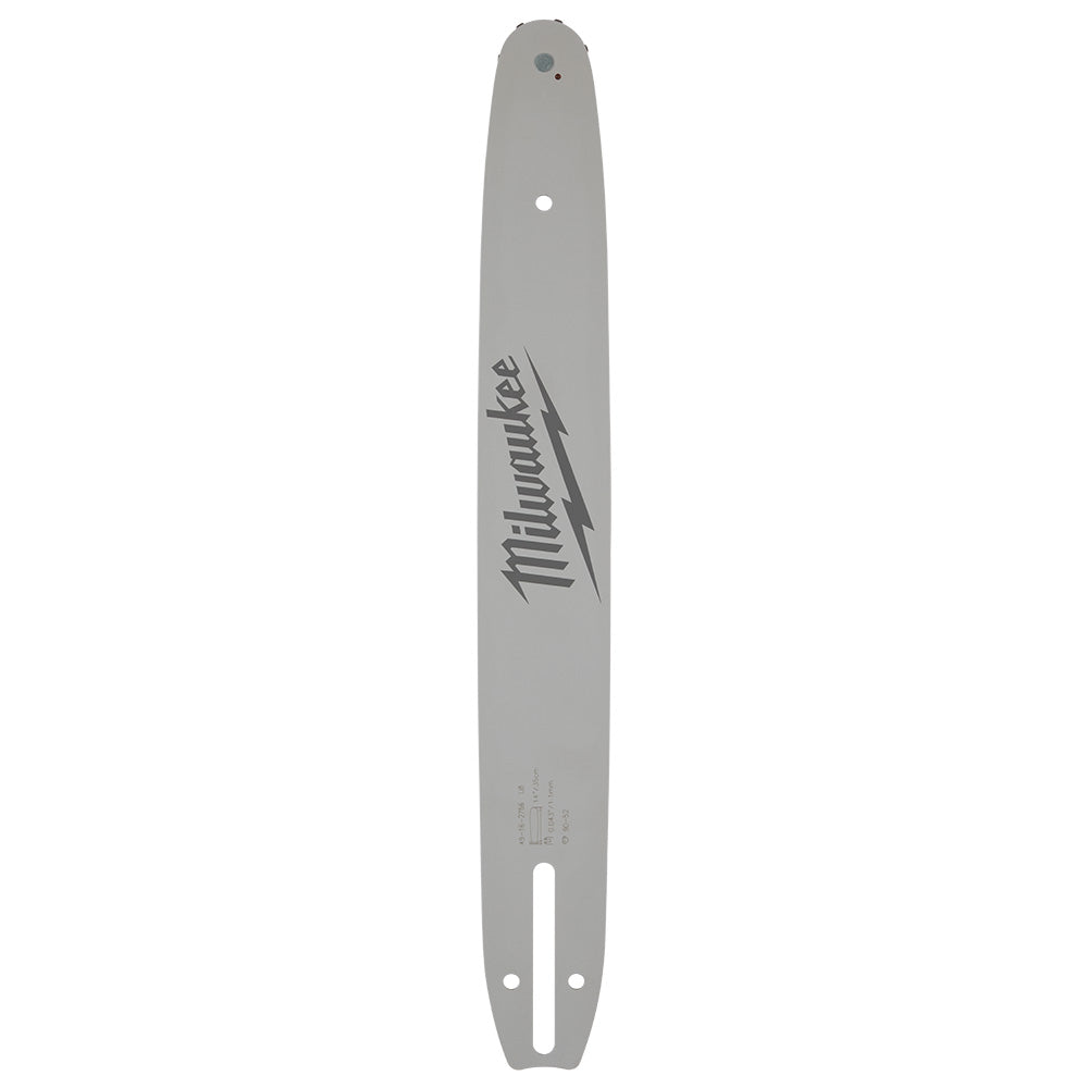 Gray Milwaukee chainsaw guide bar with logo and mounting holes on tapered ends.