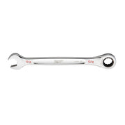 Silver Milwaukee 13/16 inch SAE ratcheting combination wrench with open end and ratchet socket end.