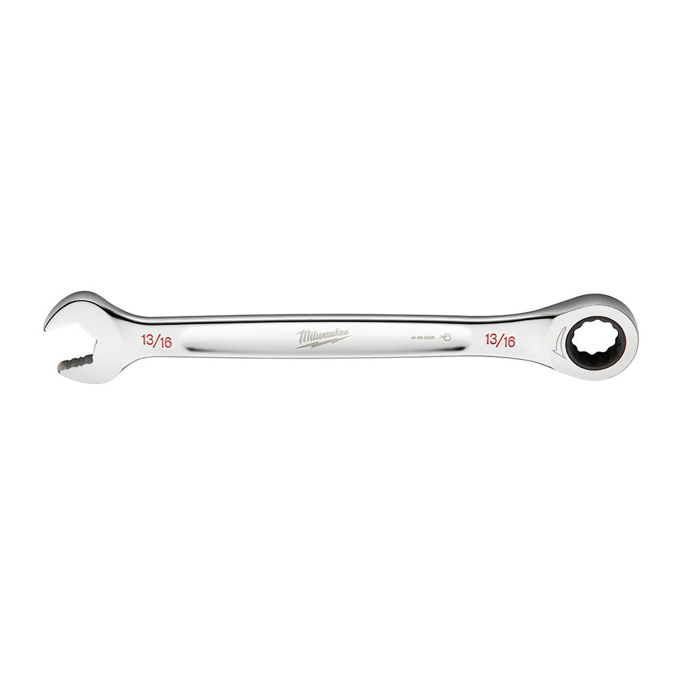Silver Milwaukee 13/16 inch SAE ratcheting combination wrench with open end and ratchet socket end.