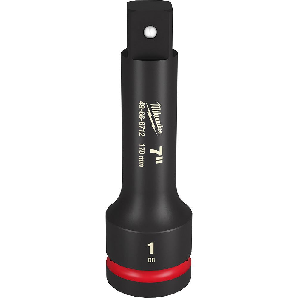 Black Milwaukee Shockwave impact extension with 1" drive, red grip band, and mounting hole at top.