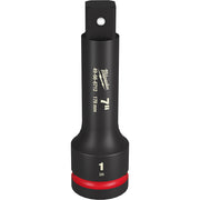 Black Milwaukee Shockwave impact extension with 1" drive, red grip band, and mounting hole at top.