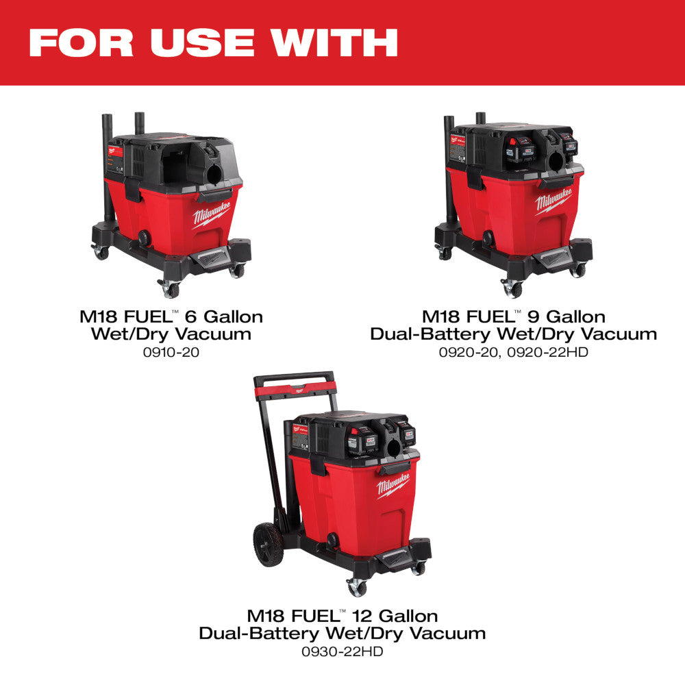 Three red and black Milwaukee wet/dry vacuums in 6, 9, and 12 gallon capacities with model numbers displayed.