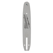 Milwaukee 10-inch pole saw guide bar with mounting holes and product branding on gray metal plate.