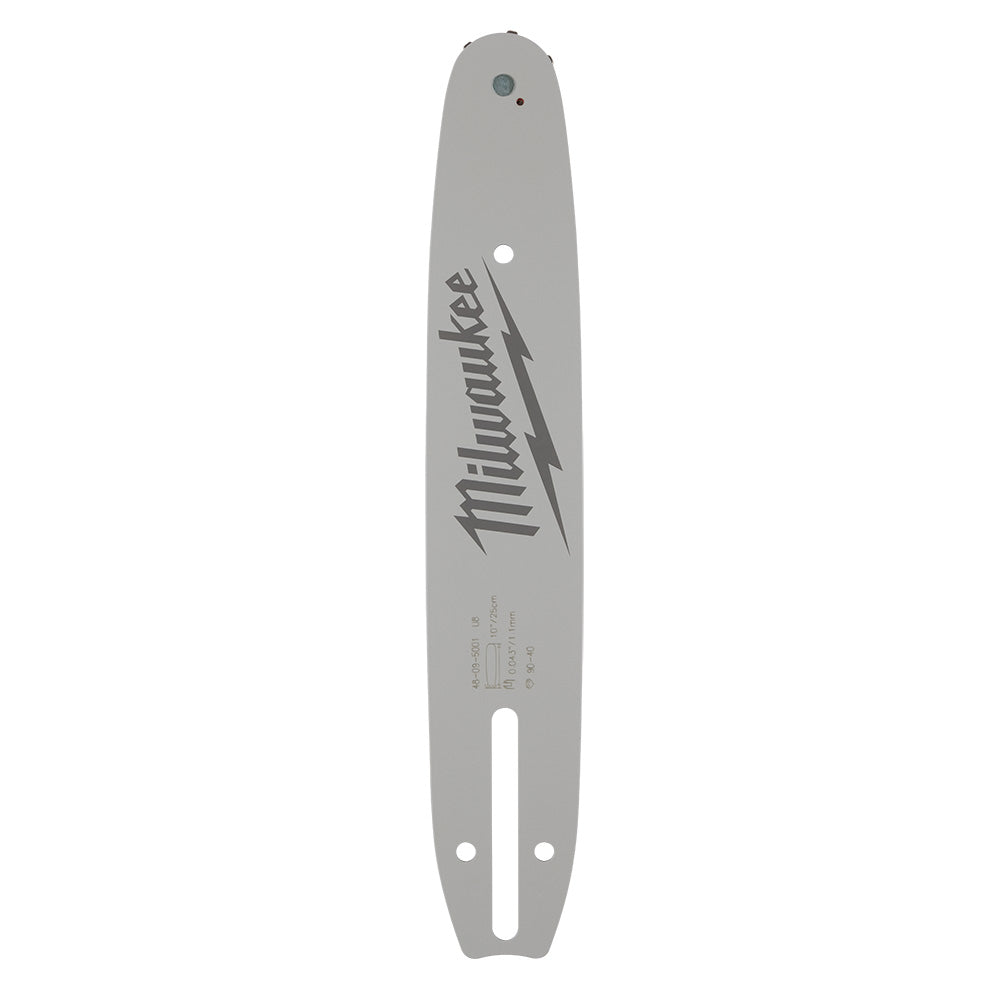 Milwaukee 10-inch pole saw guide bar with mounting holes and product branding on gray metal plate.