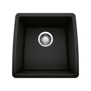 Coal black single-bowl bar sink with rounded corners and chrome drain strainer, viewed from above.