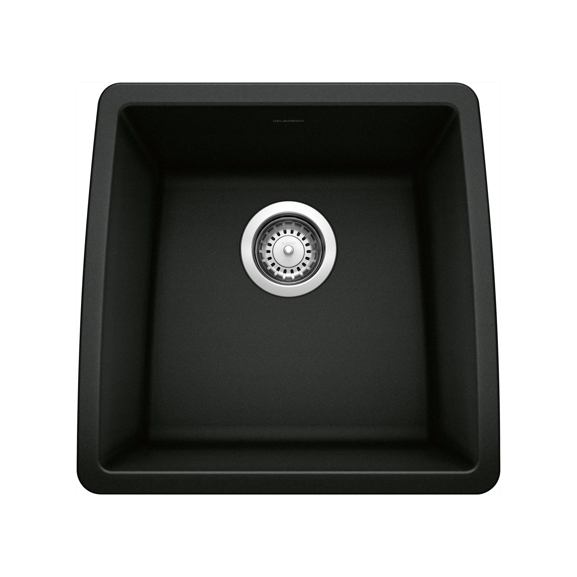 Coal black single-bowl bar sink with rounded corners and chrome drain strainer, viewed from above.