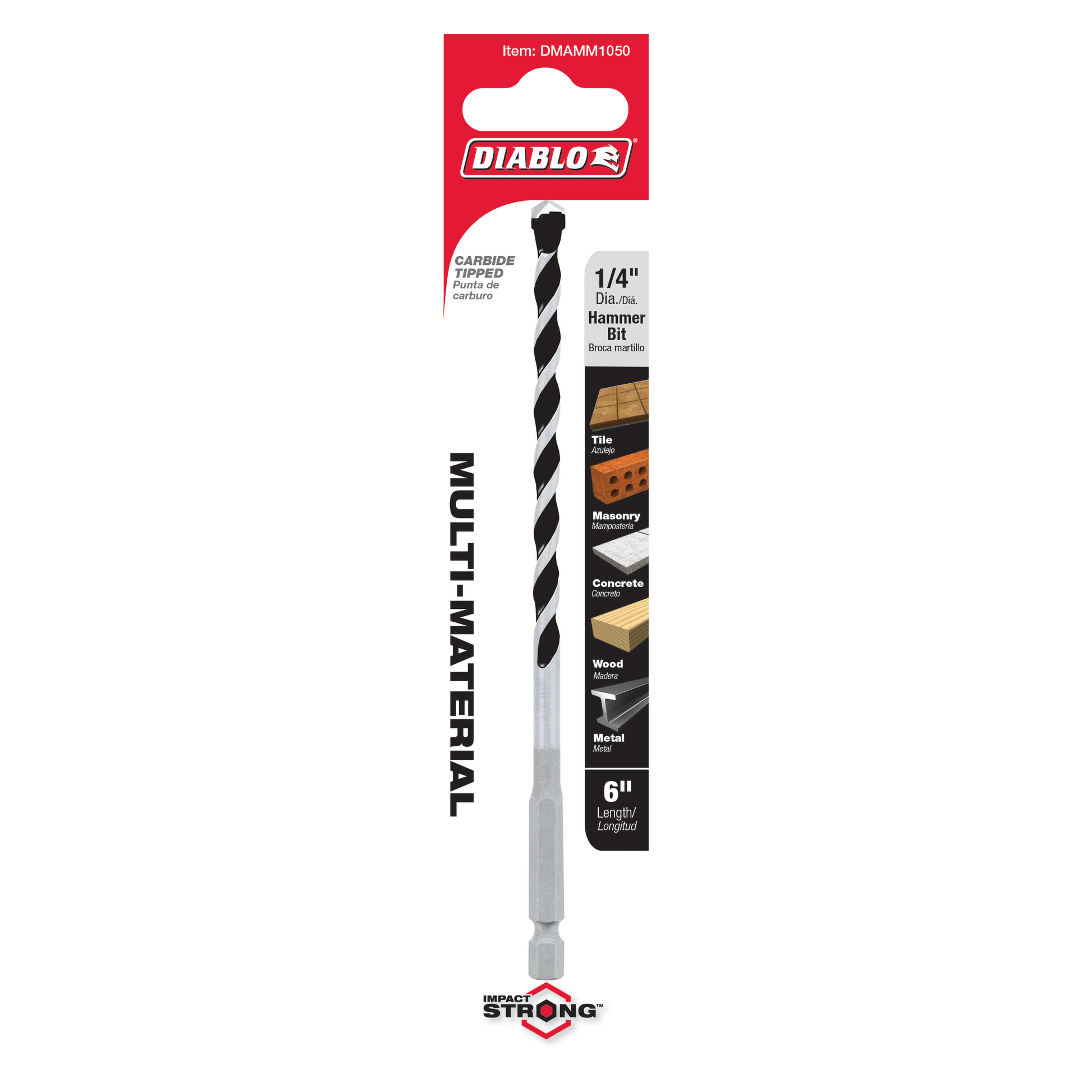 Diablo 1/4 inch carbide-tipped hammer drill bit, 6 inches long, in packaging showing multi-material application chart.