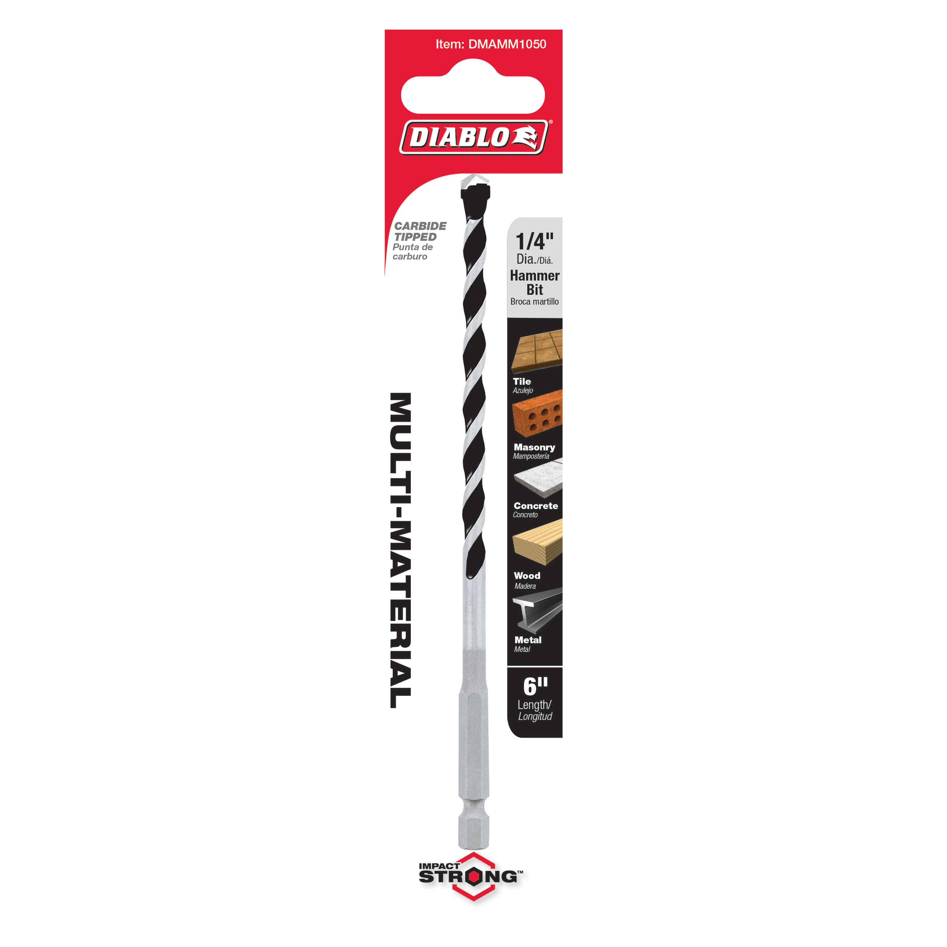 Diablo 1/4 inch carbide-tipped hammer drill bit, 6 inches long, in packaging showing multi-material application chart.