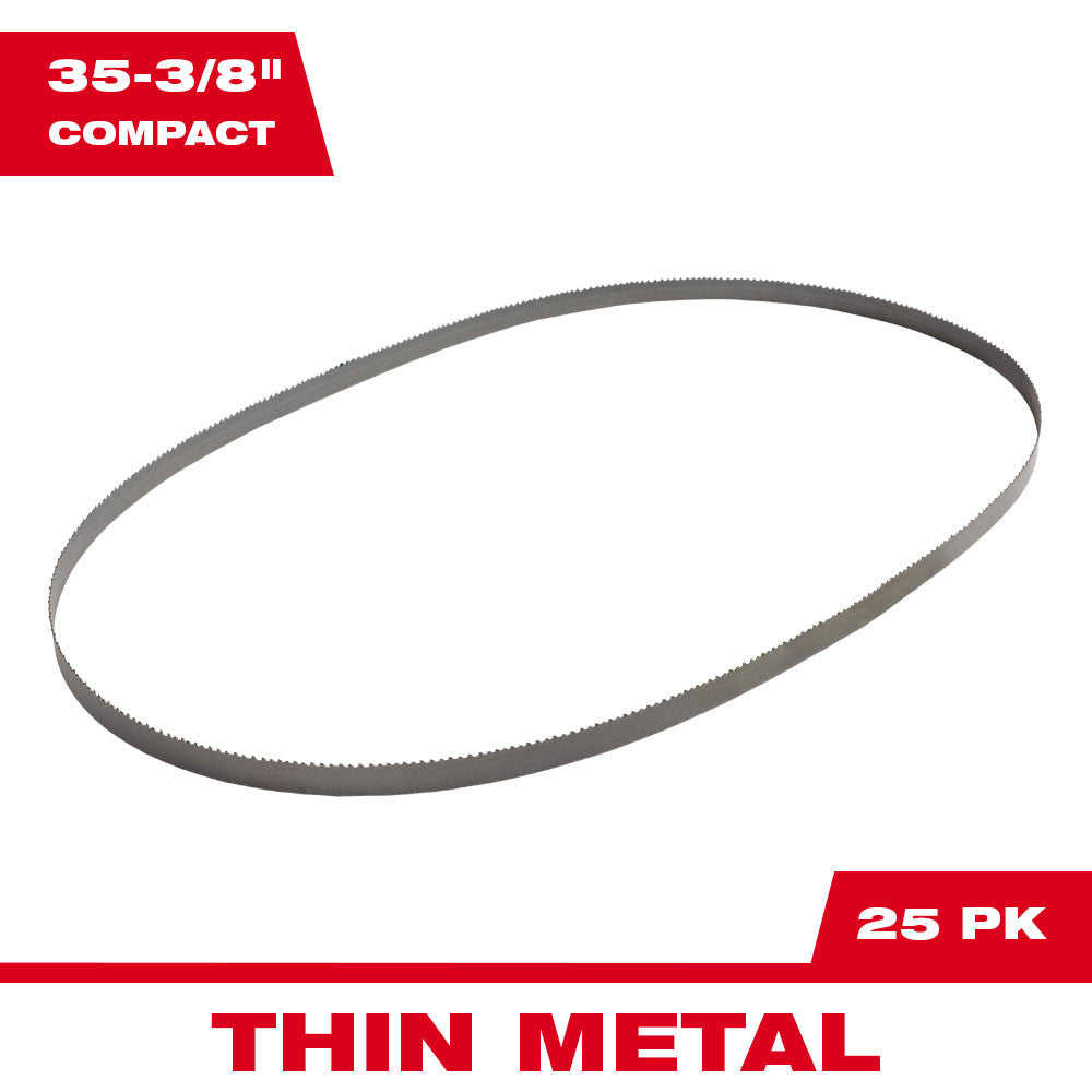 Gray metal band saw blade with serrated cutting edge, 35-3/8" long for compact saws.