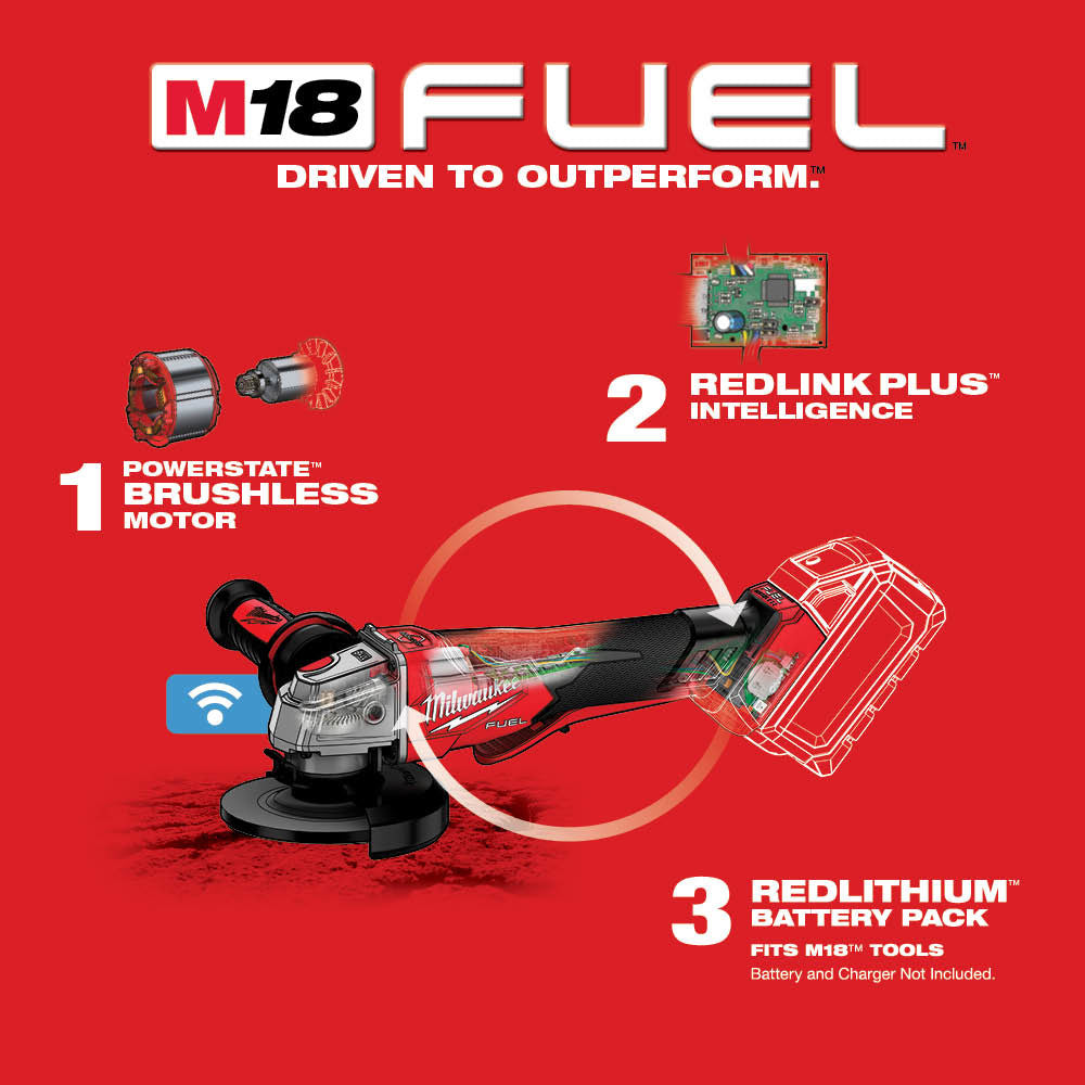 Red and black Milwaukee M18 FUEL angle grinder with paddle switch, shown with motor, circuit board, and carrying case compone