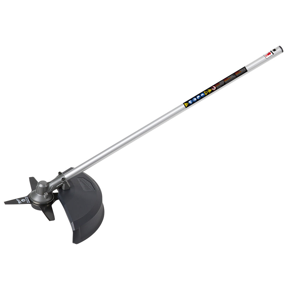 Milwaukee M18 FUEL brush cutter attachment with silver shaft, black cutting head, and rotating blade assembly.