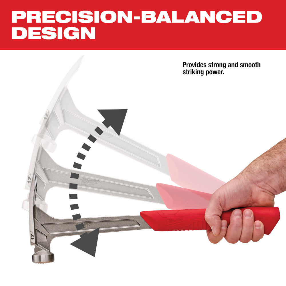 Framing hammer with milled face, red handle, held in hand demonstrating striking motion against wooden surface.