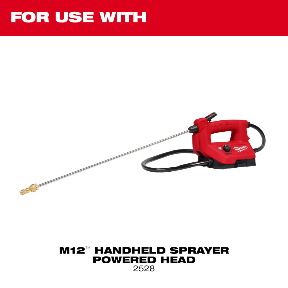 Red Milwaukee M12 handheld sprayer with long metal wand and black power cord.