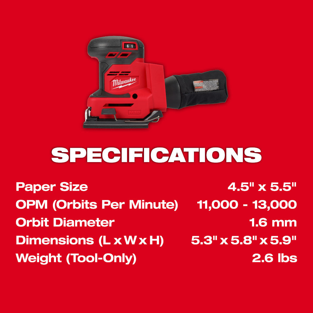 Red and black Milwaukee M18 orbital sander with specifications displayed below.