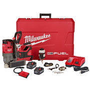 Milwaukee M18 FUEL magnetic drill kit with red carrying case, drill unit, two batteries, charger, and accessories.