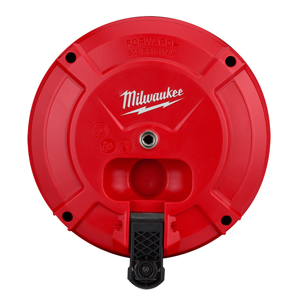 Red circular Milwaukee auger drum with central hub, mounting holes, forward direction marking, and black cable attachment at 