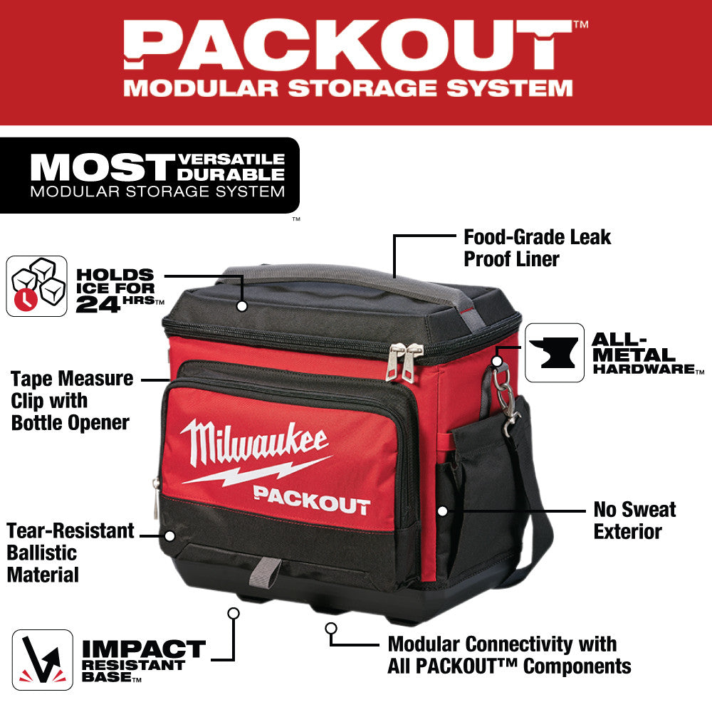 Red and black Milwaukee PACKOUT cooler with metal hardware, tape measure clip, and shoulder strap for ice storage.