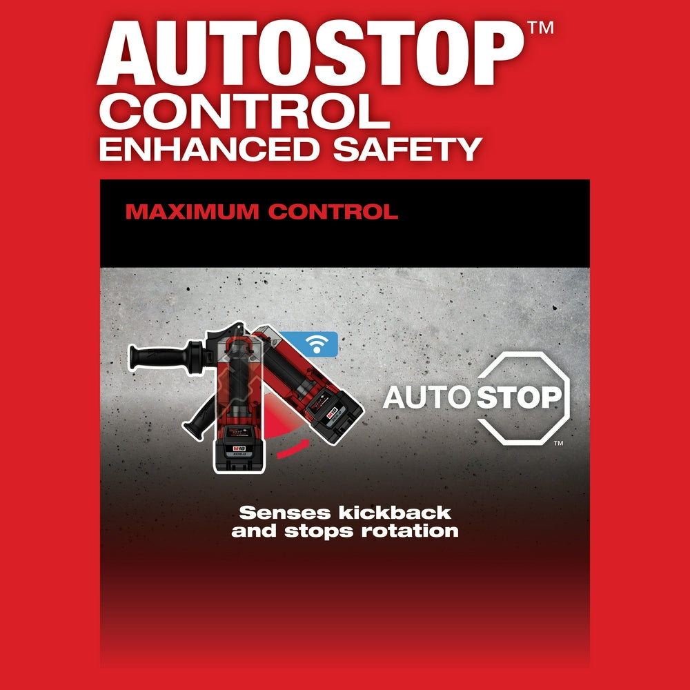 Milwaukee M18 FUEL rotary hammer with red and black body, wireless ONE-KEY controller, and AutoStop safety feature labeled on