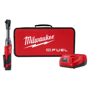 Milwaukee M12 FUEL ratchet with red and black case, battery, and charger.