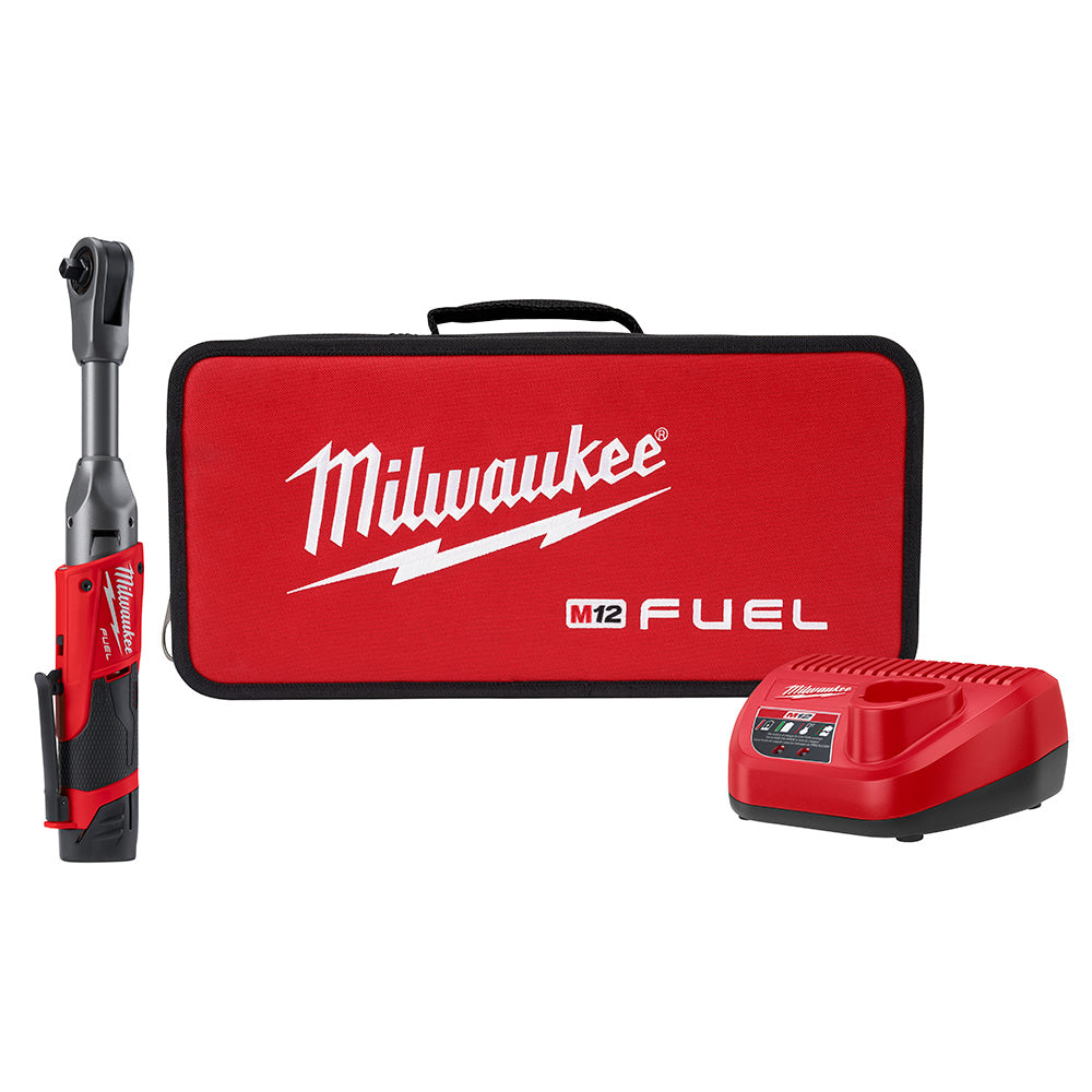 Milwaukee M12 FUEL ratchet with red and black case, battery, and charger.