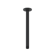 Black cylindrical ceiling mount shower arm with round mounting flange at top and threaded outlet at bottom.