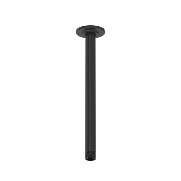 Black cylindrical ceiling mount shower arm with round mounting flange at top and threaded outlet at bottom.