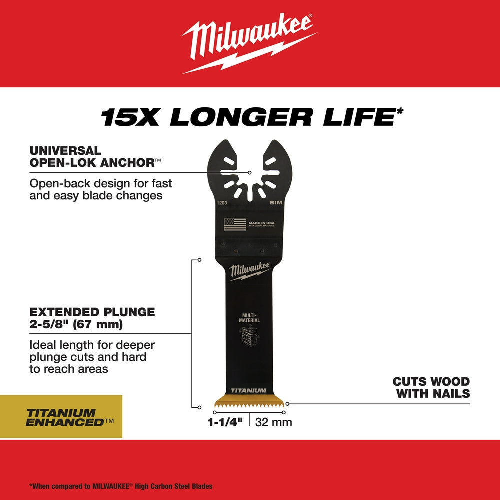 Milwaukee OPEN-LOK 1-1/4" titanium enhanced bi-metal oscillating saw blade with extended plunge and open-back anchor design.