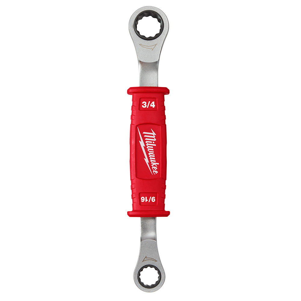 Milwaukee ratcheting box wrench with red insulated grip, 3/4 and 9/16 inch openings on metal ends.