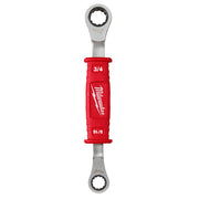 Milwaukee ratcheting box wrench with red insulated grip, 3/4 and 9/16 inch openings on metal ends.